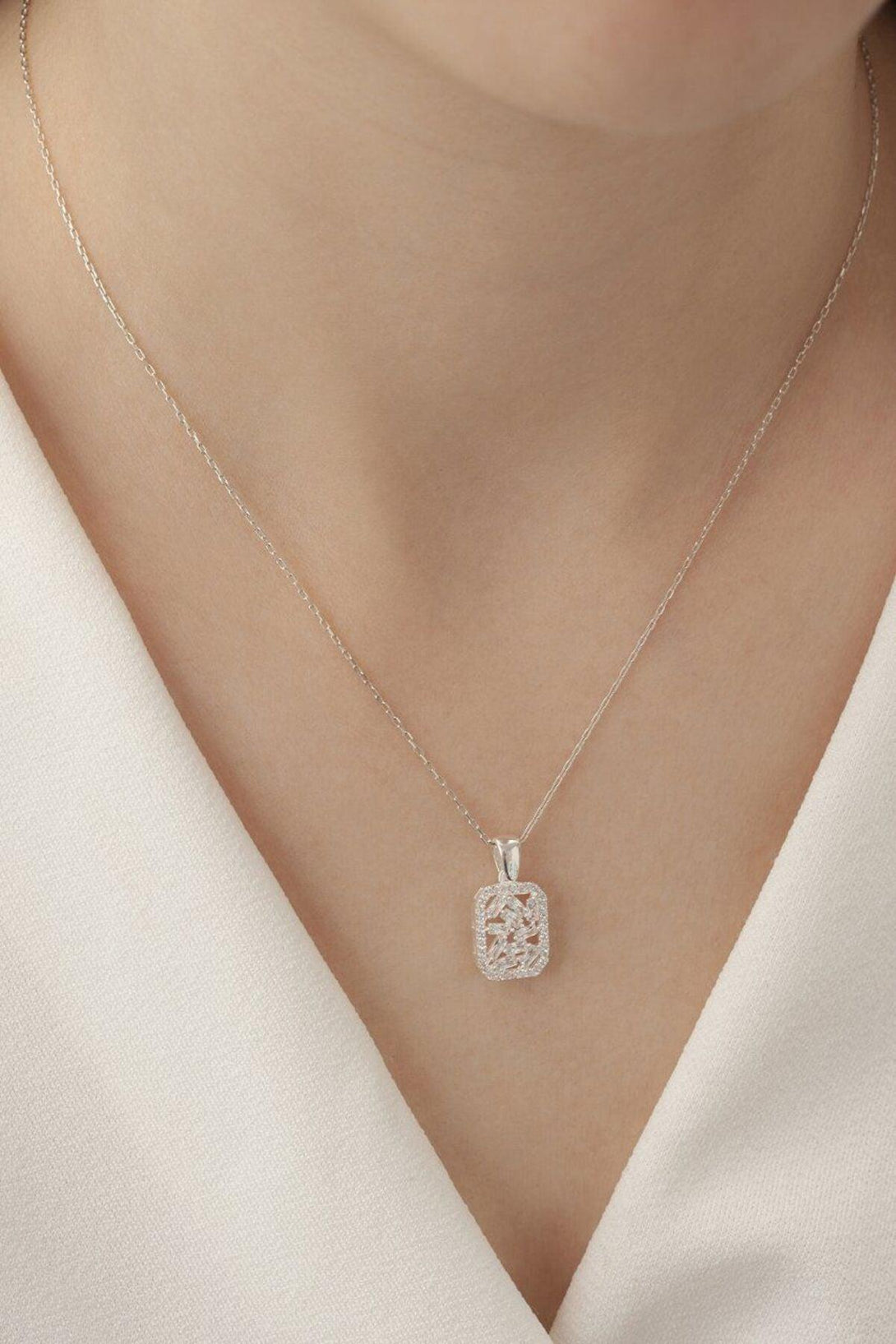 925 Sterling Silver Baguette Necklace With Zircon Stone