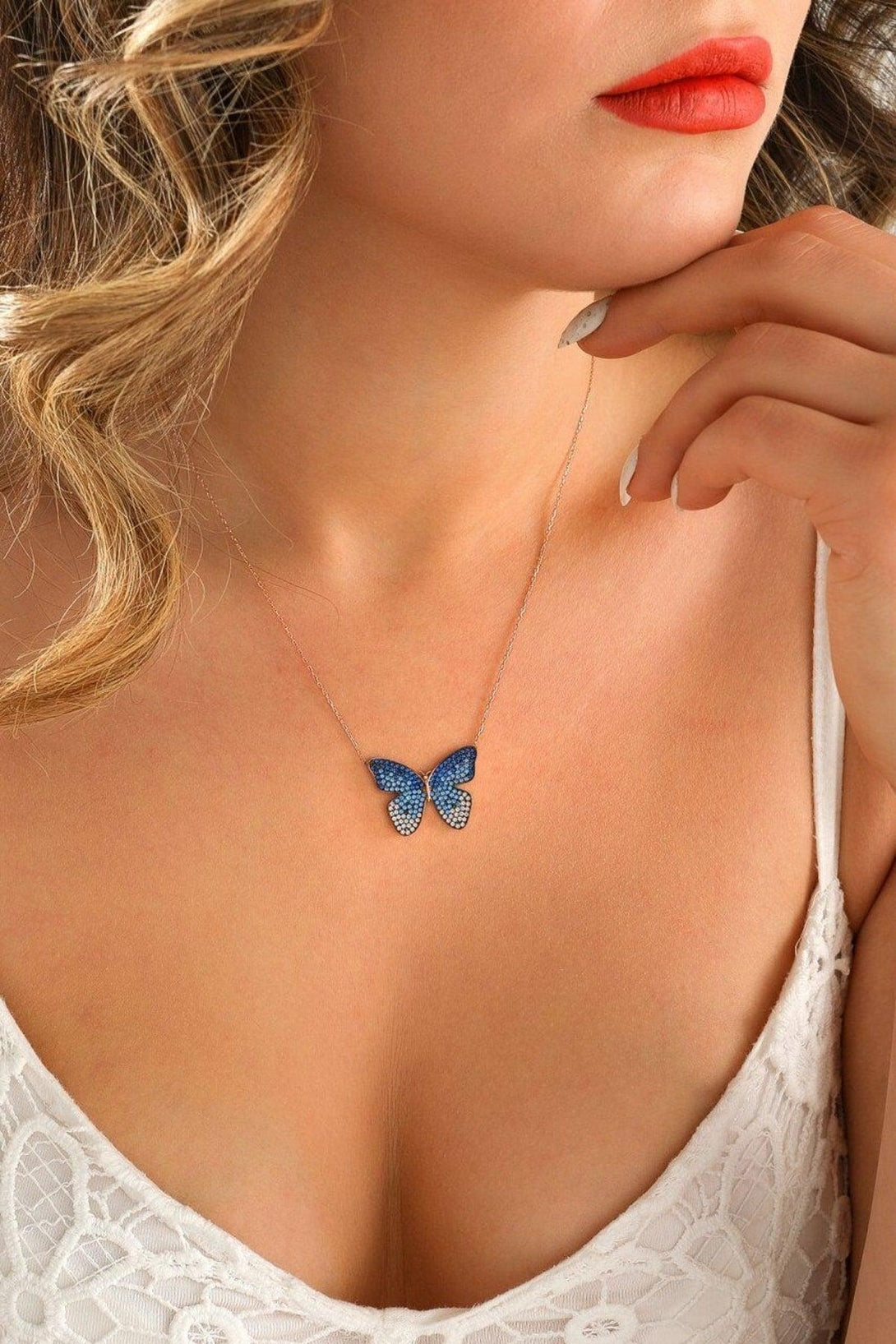 925 Sterling Silver Butterfly Necklace With Blue Zircon Stone