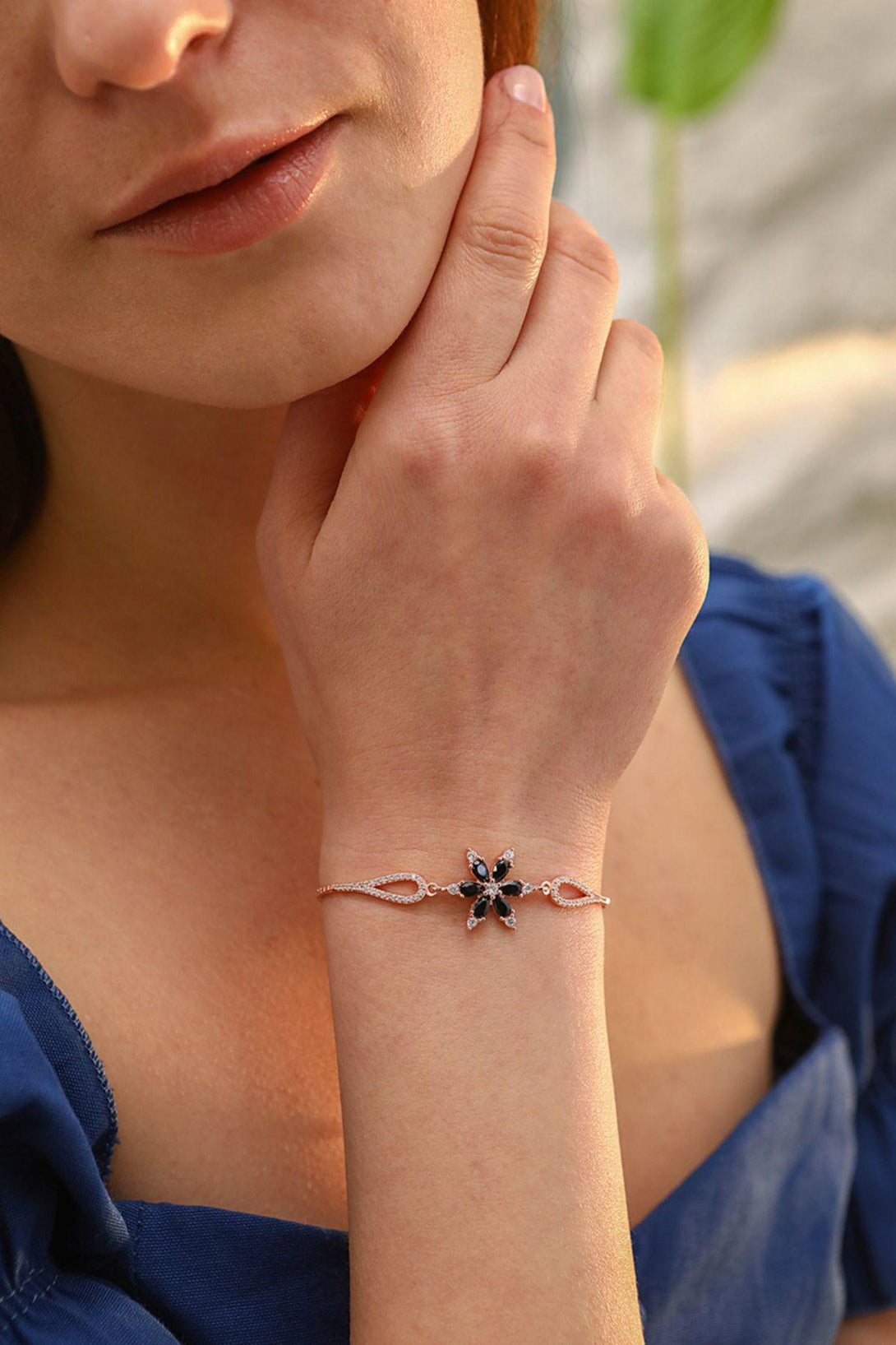 925 Sterling Silver Clover Bracelet With Black Zircon Stone