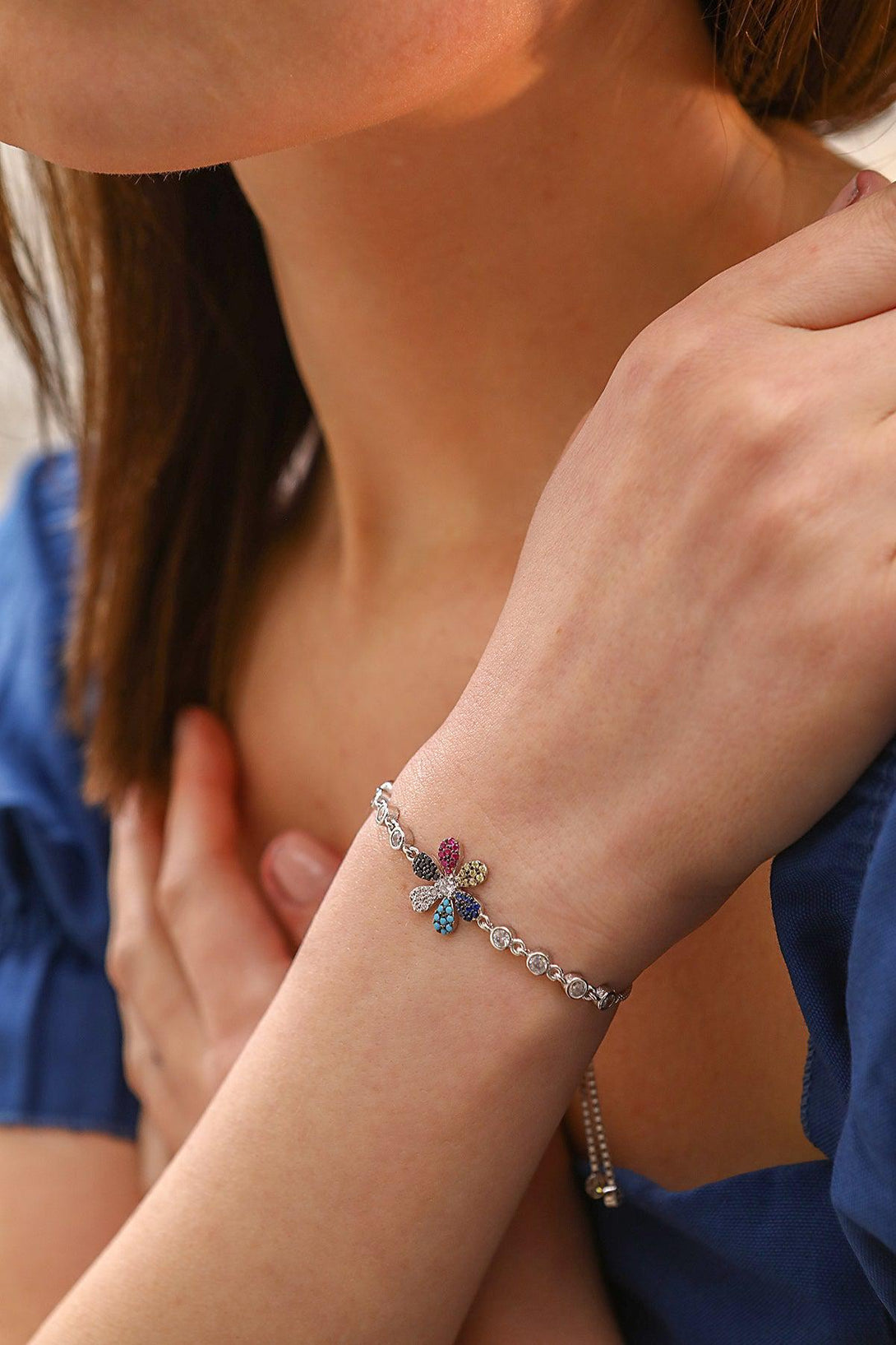 925 Sterling Silver Clover Bracelet With Colored Zircon Stones