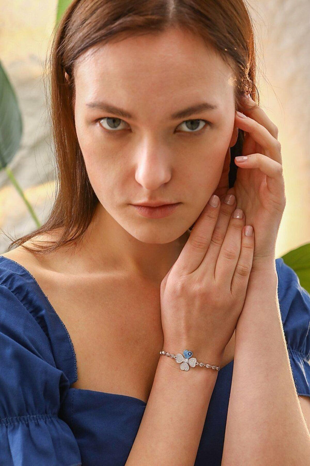 925 Sterling Silver Clover Bracelet With Evil Eye Beads