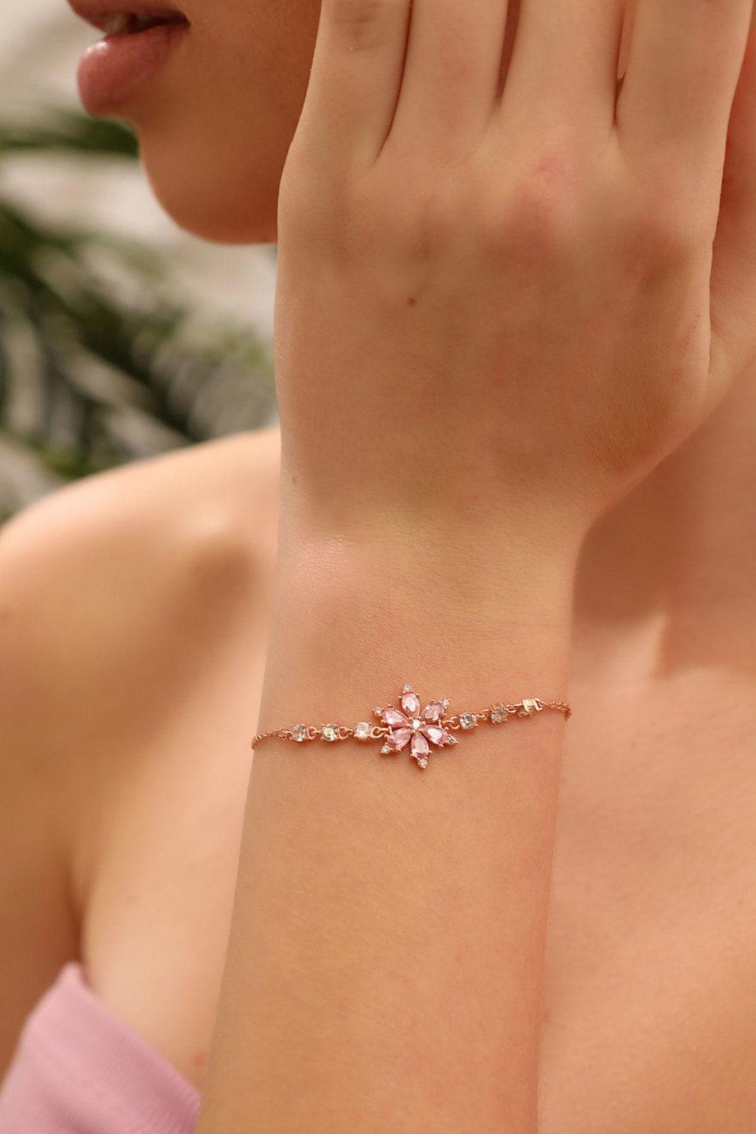 925 Sterling Silver Clover Bracelet With Pink Zircon Stone