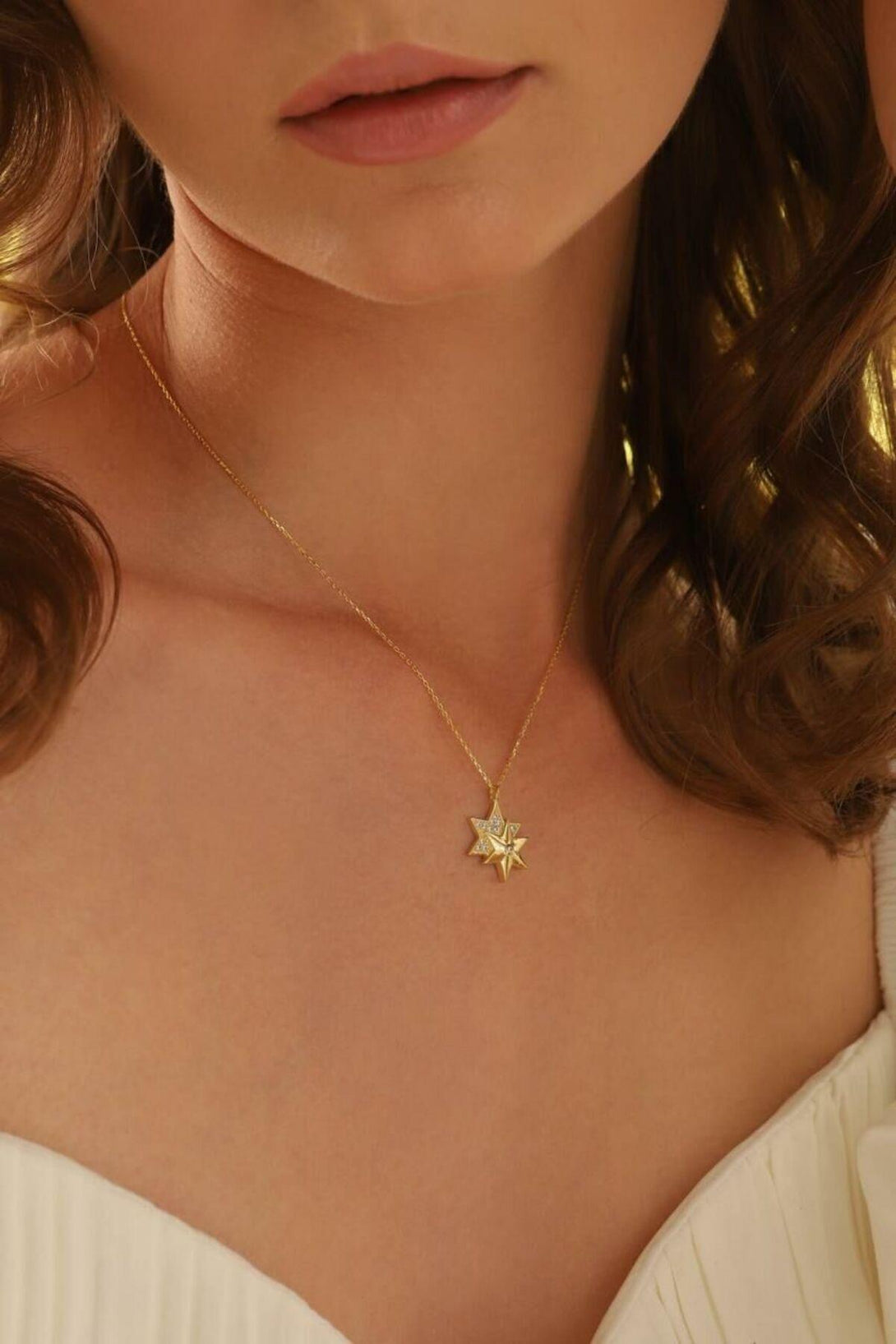 925 Sterling Silver Double Star Necklace With Zircon Stone