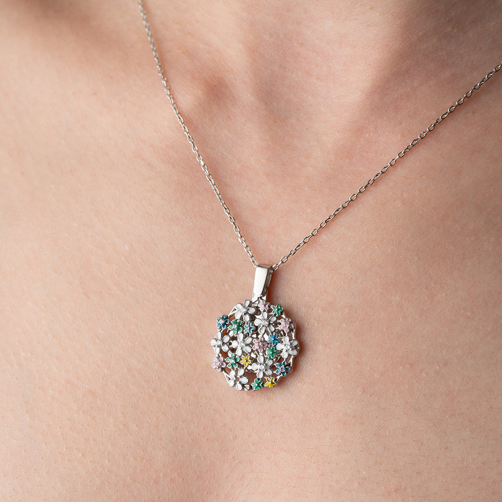 925 Sterling Silver Enamel Flower Necklace