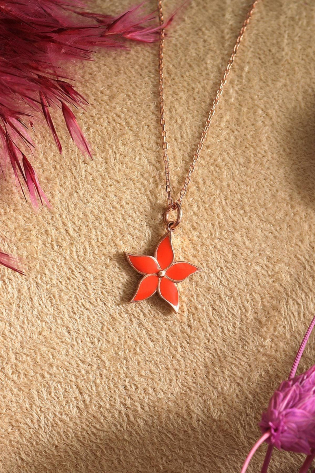 925 Sterling Silver Enameled Orange Star Necklace