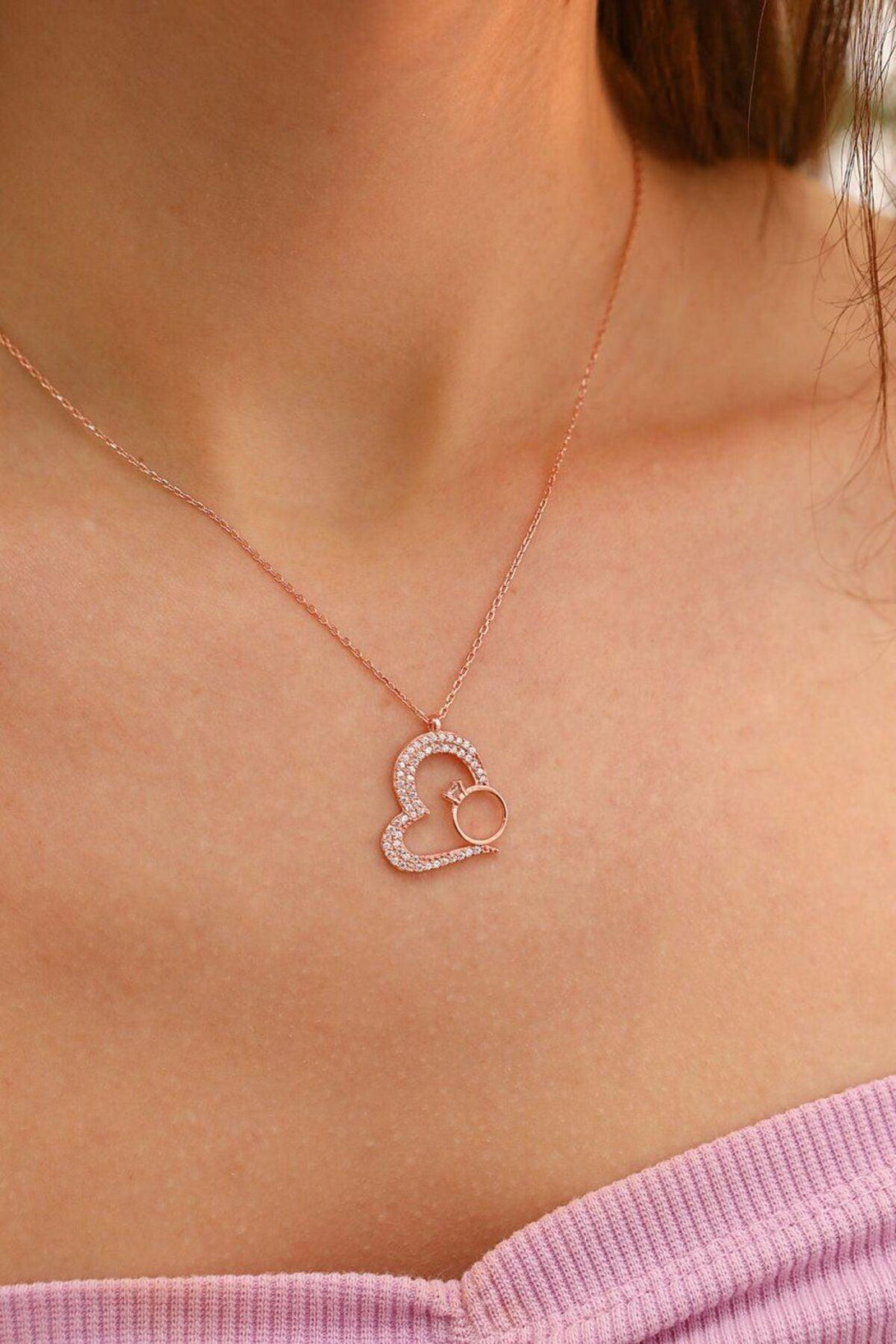 925 Sterling Silver Heart Necklace With Single Stone Ring