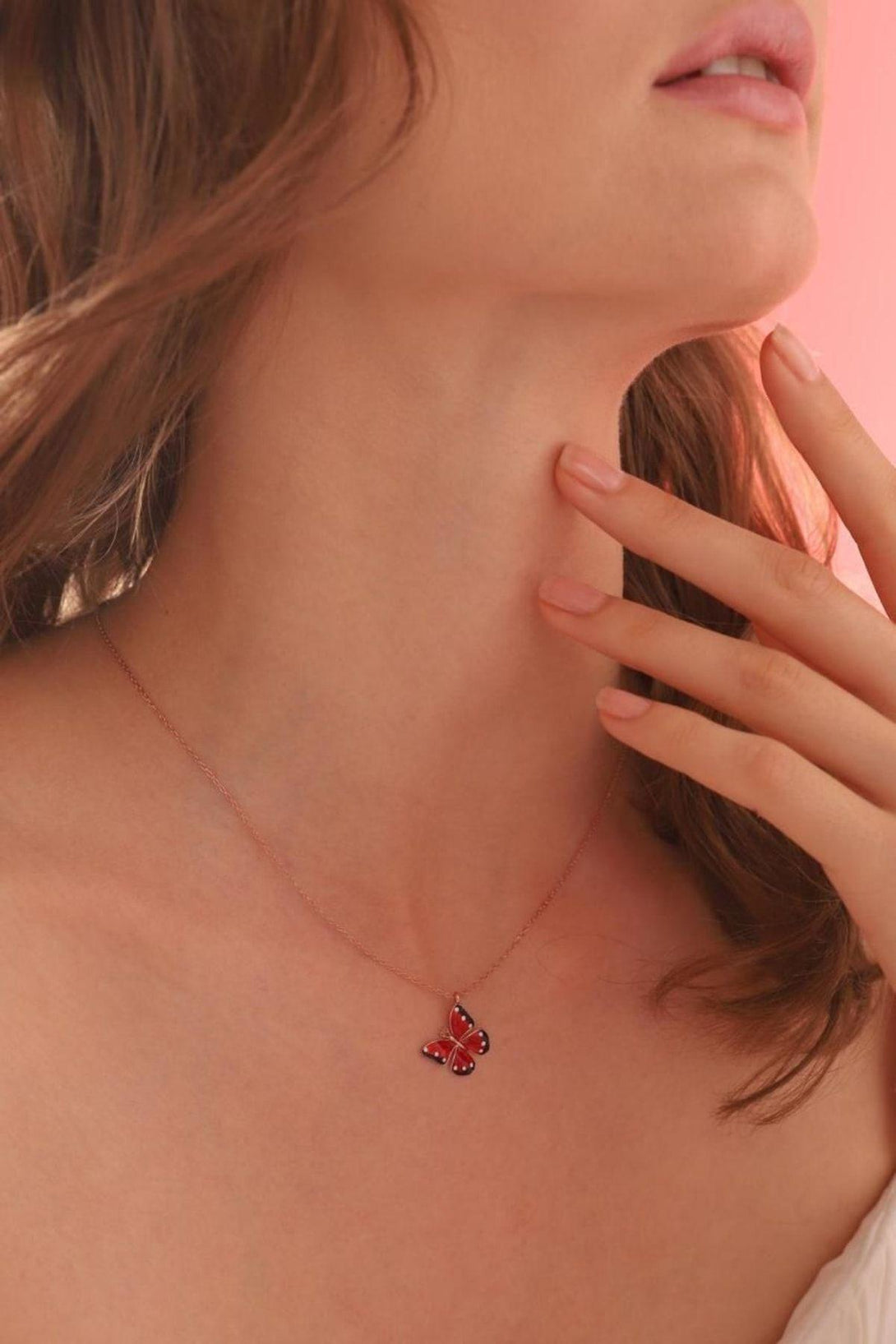 925 Sterling Silver Red Butterfly Necklace With Zircon Stone