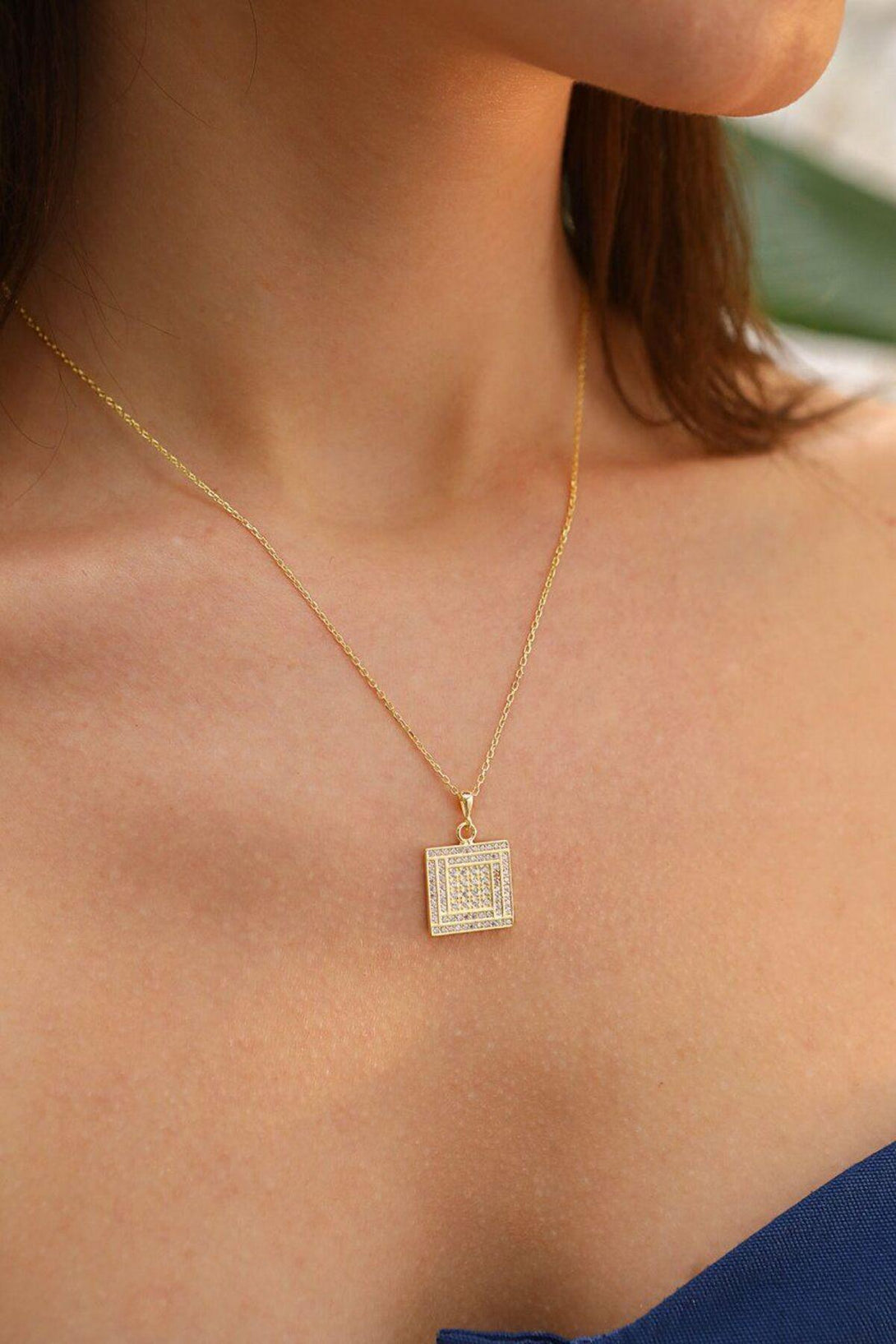 925 Sterling Silver Square Necklace With Zircon Natural Stone