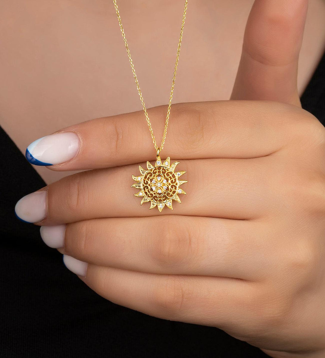 925 Sterling Silver Sun Necklace With Zircon Natural Stone