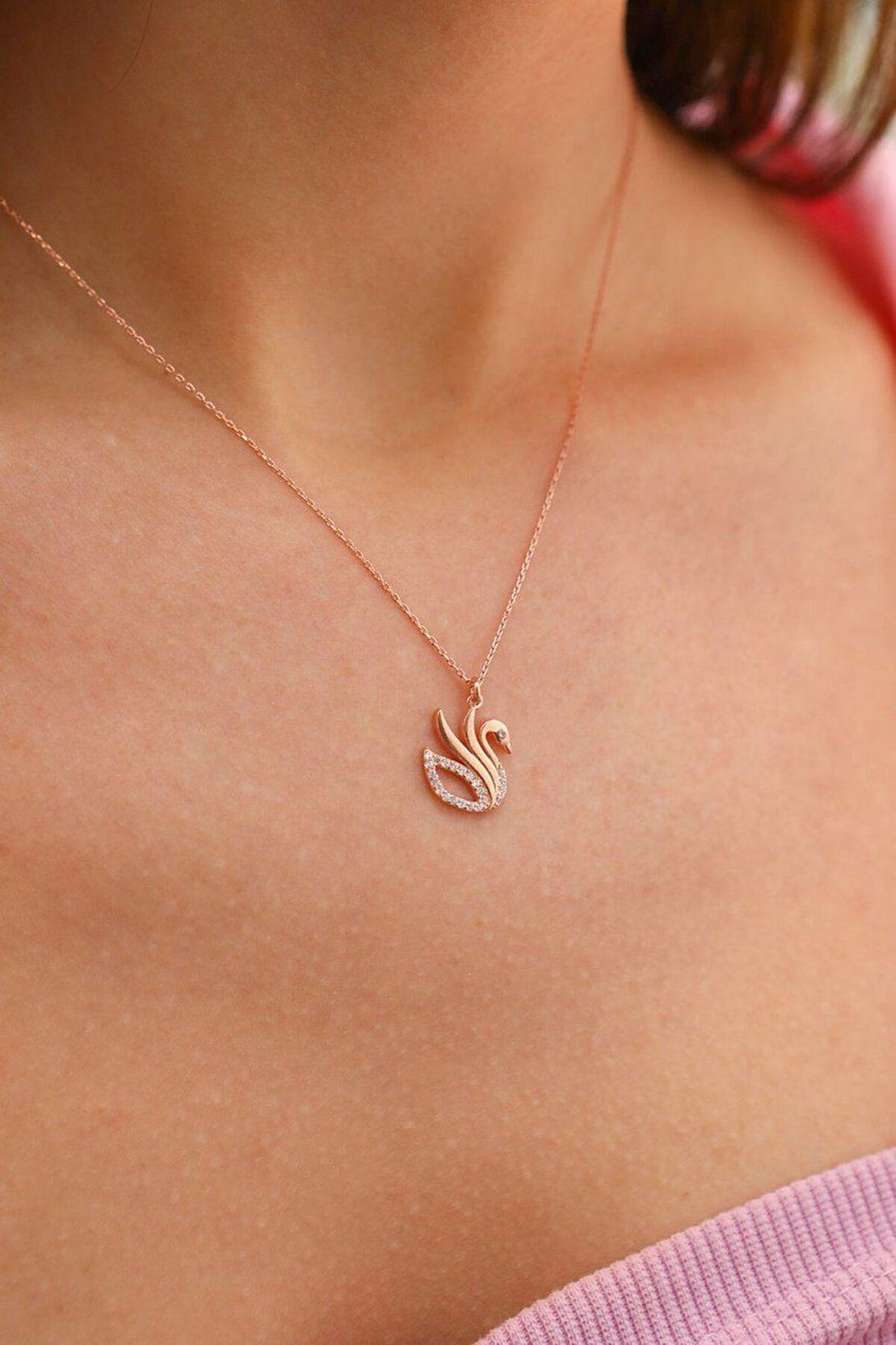 925 Sterling Silver Swan Necklace With Zircon Natural Stone