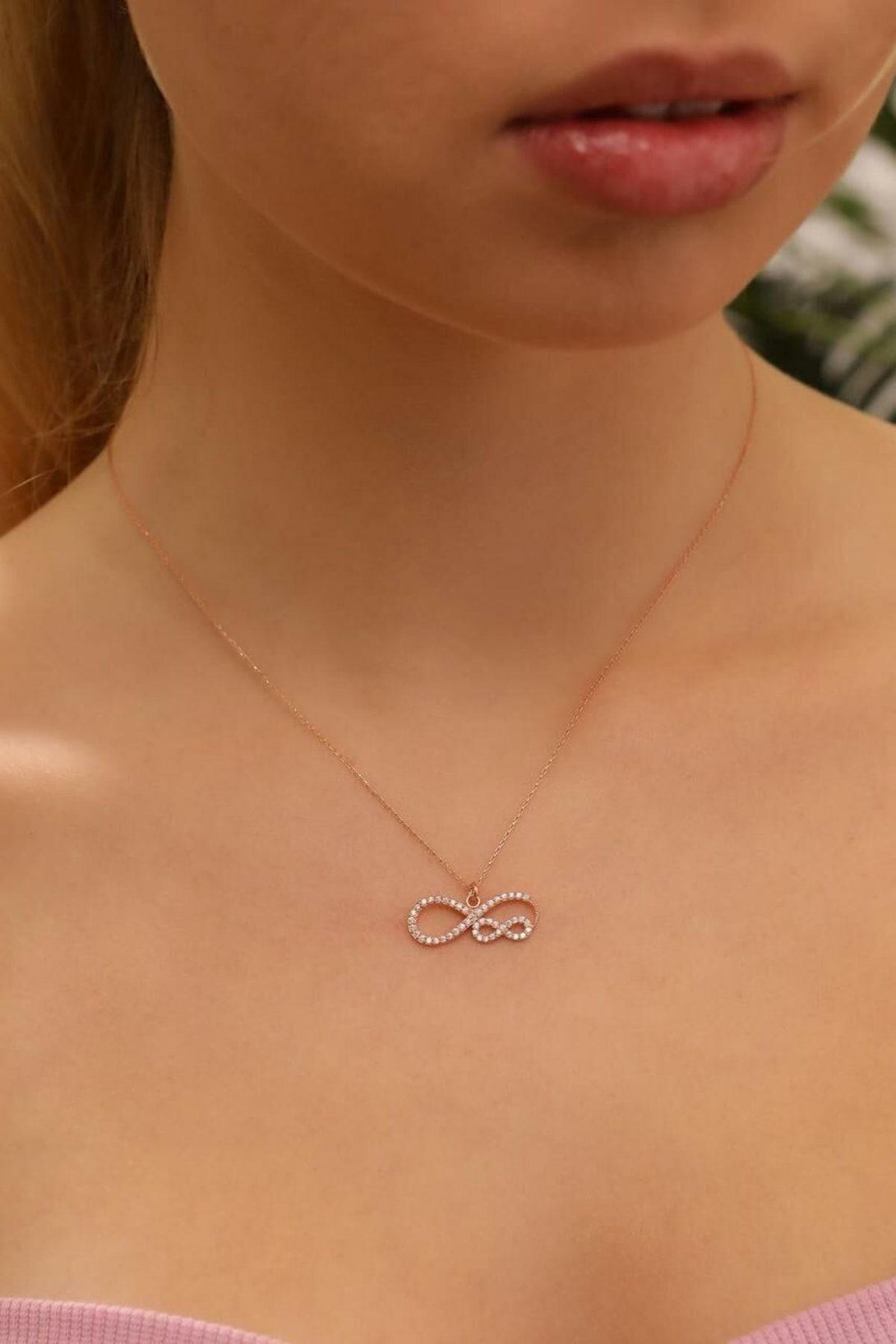 925 Sterling Silver Zircon Natural Stone Double Infinity Sign Necklace