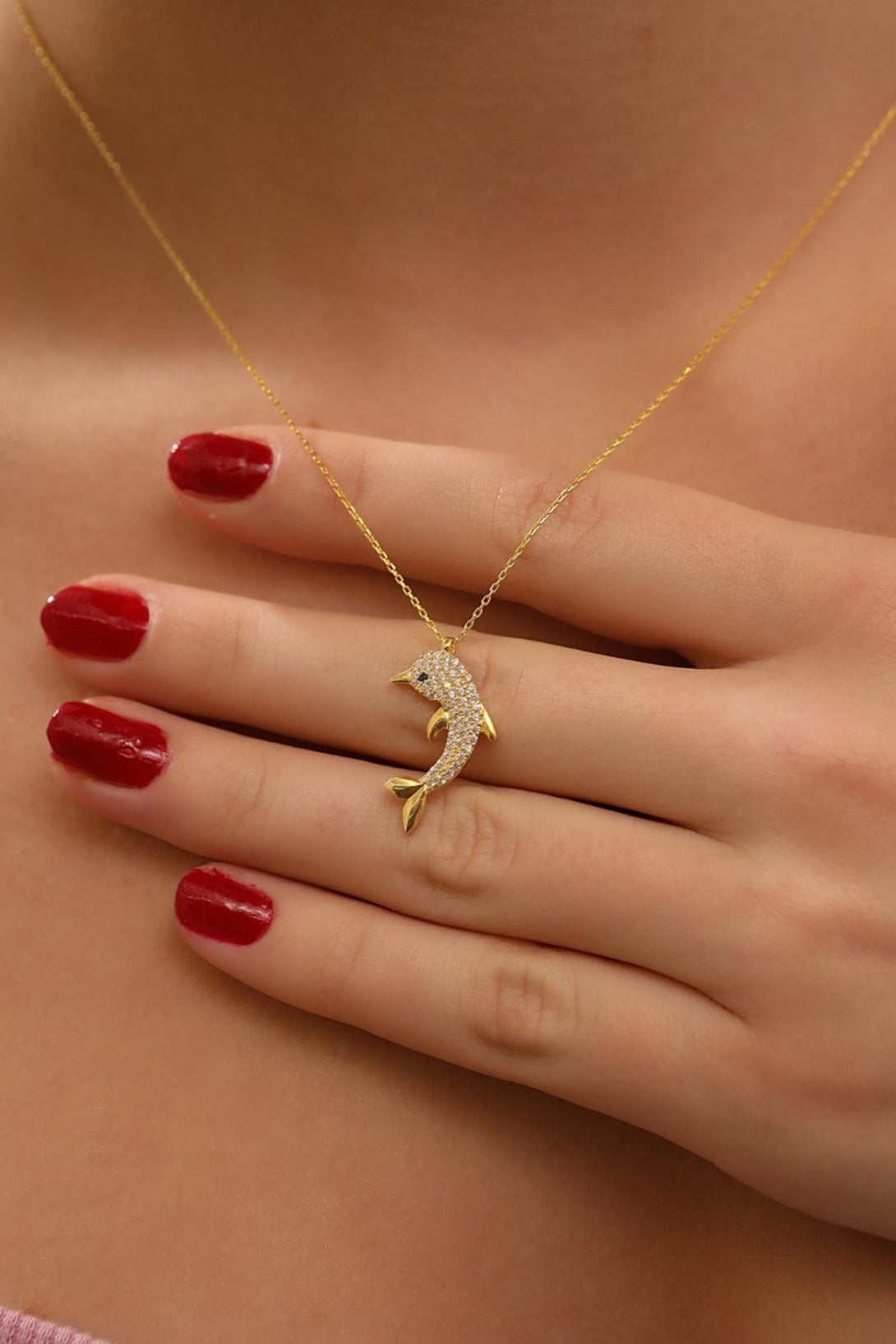 925 Sterling Silver Zircon Stone Dolphin Necklace