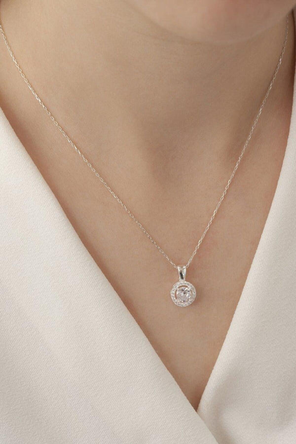 925 Sterling Silver Baguette Necklace Round With Zircon Stone