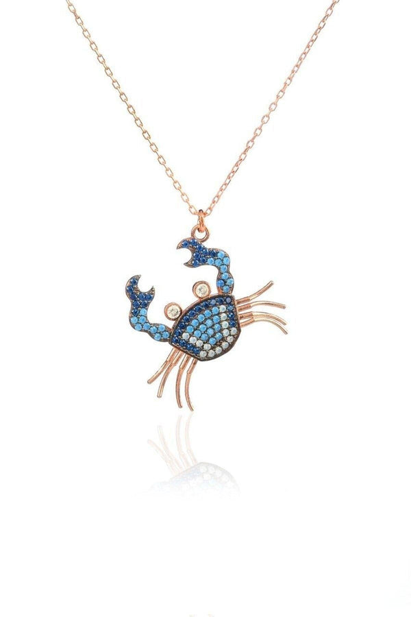 925 Sterling Silver Crab Necklace With Blue Zircon Stone