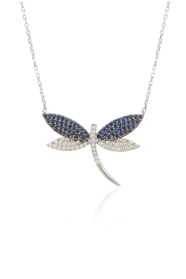 925 Sterling Silver Dragonfly Necklace With Blue And White Zircon Stone