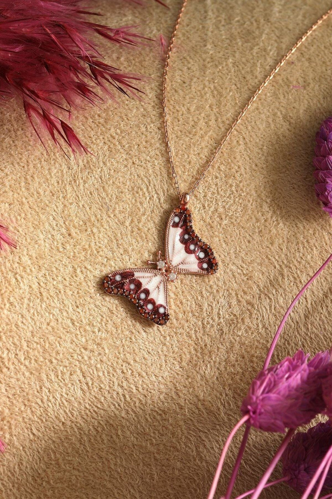 Brown 925 Sterling Silver Butterfly Necklace With Zircon Stone