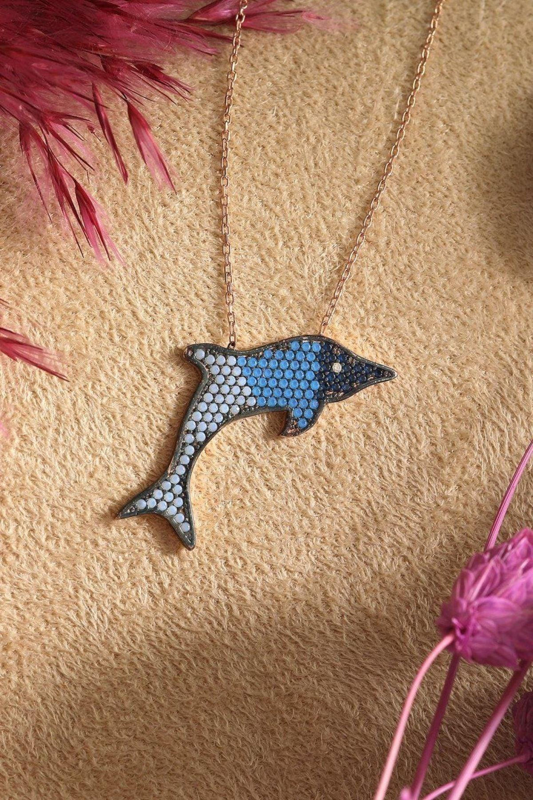 Dolphin 925 Sterling Silver Necklace With Blue Zircon Stone