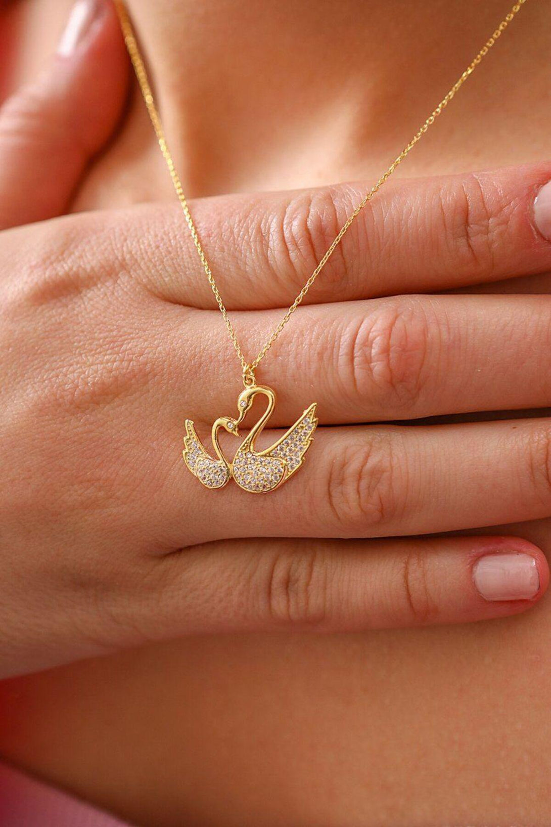 Double 925 Sterling Silver Swan Necklace With Gold Zircon Stone