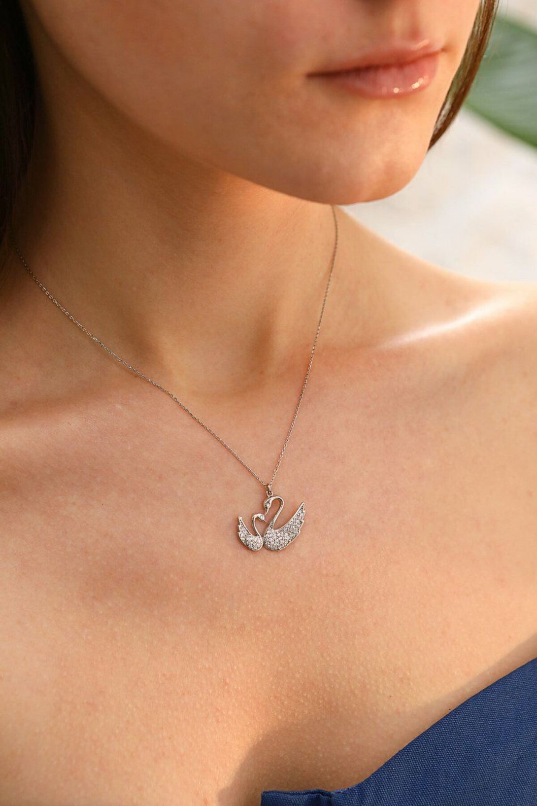 Double 925 Sterling Silver Swan Necklace With Zircon Stone