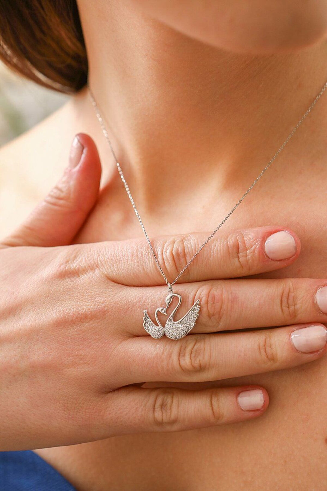 Double 925 Sterling Silver Swan Necklace With Zircon Stone