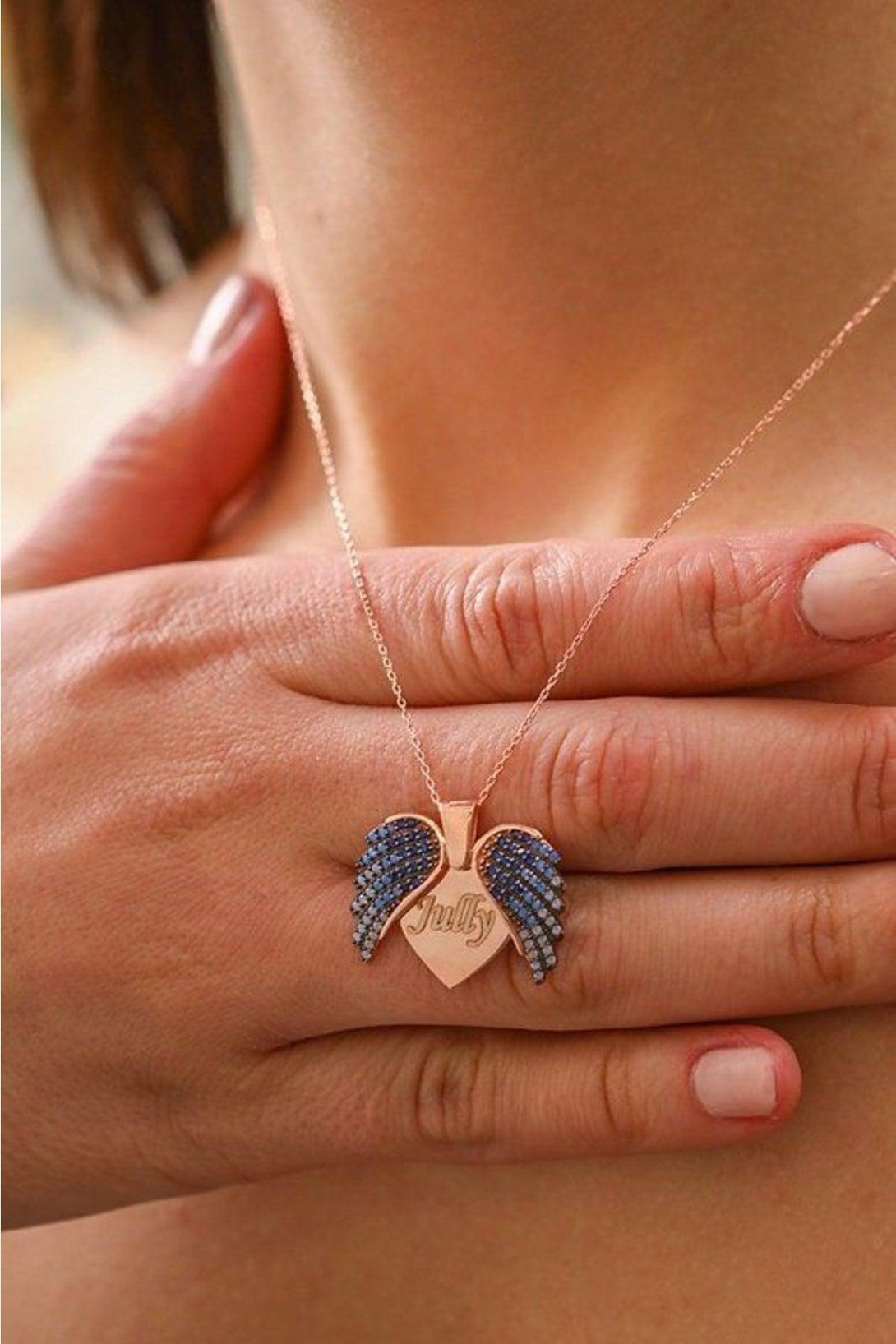 Personalized 925 Sterling Silver Name Necklace With Blue Winged Heart