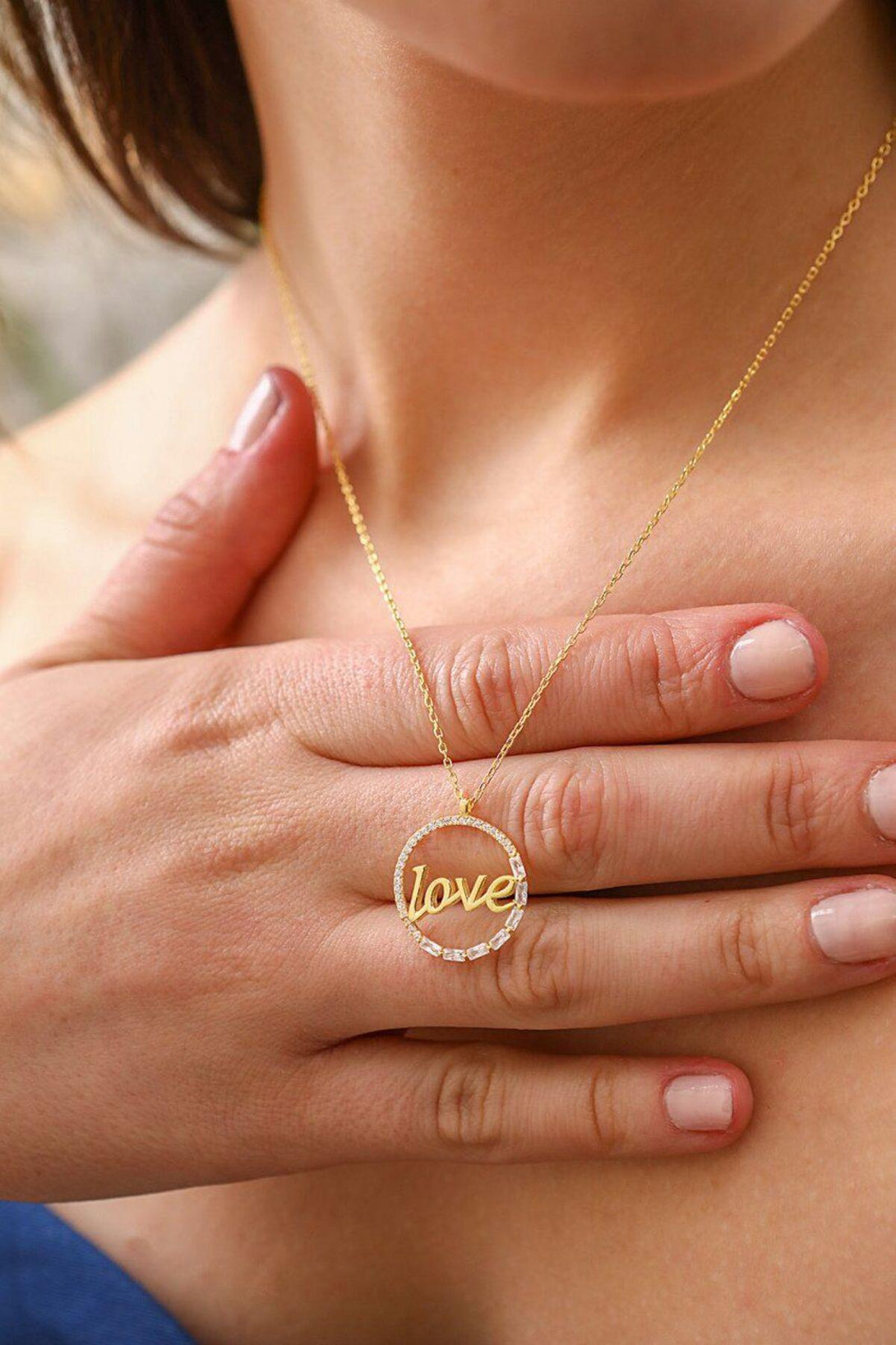 Zircon Stone 925 Sterling Silver Love Written Necklace Gold