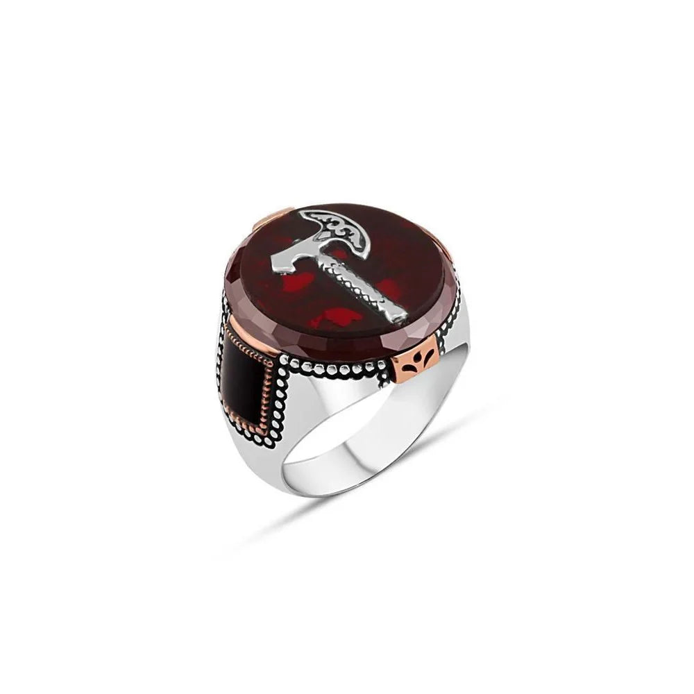 Axe On Red Stone Men's Ring