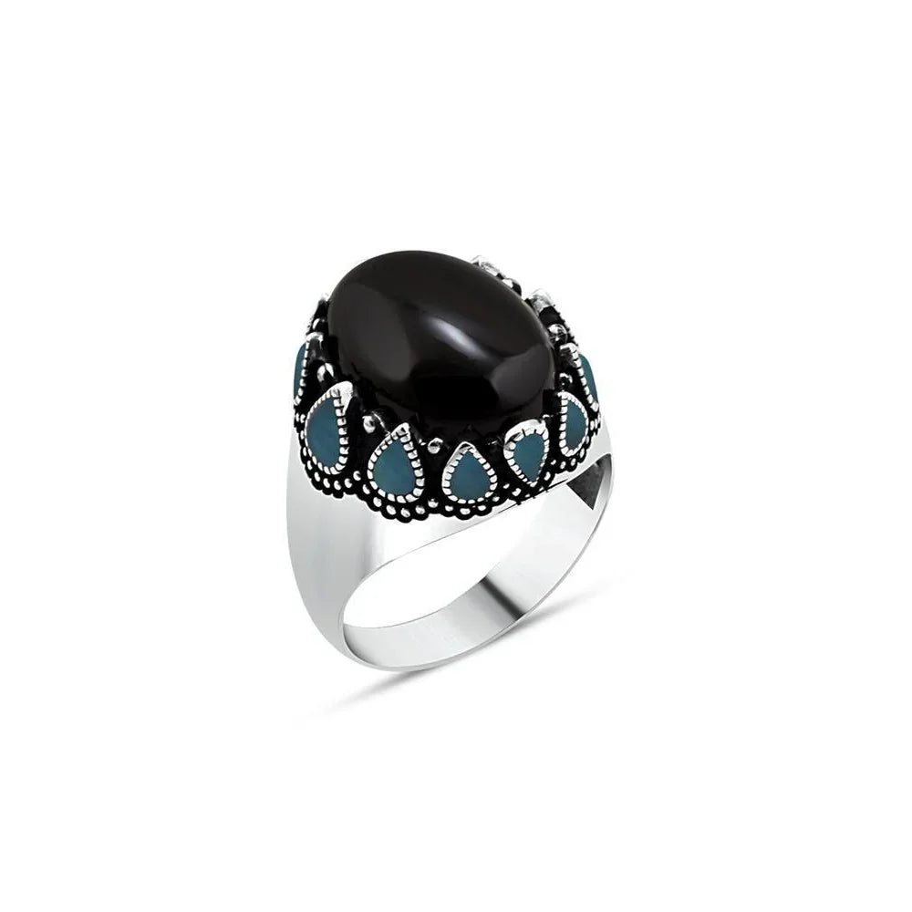 Black Onyx Hood Stone Sides Blue Enamel Men's Ring