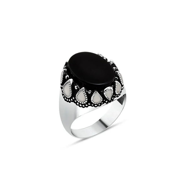 Black Onyx Stone Edge And White Enamel Men's Ring