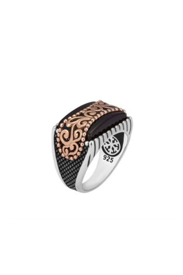 Black Onyx Stone Engraved Top Silver Men's Ring