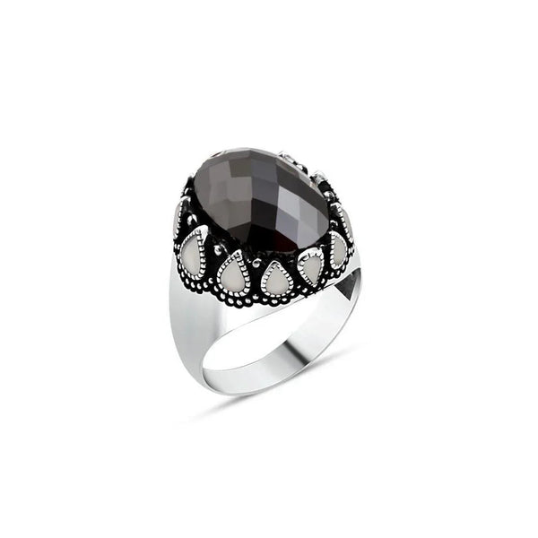 Black Zircon Stone Sides White Enamel Men's Ring