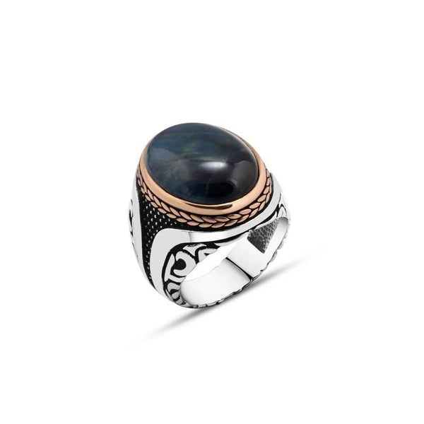 Blue Tiger Eye Stone Men's Ring