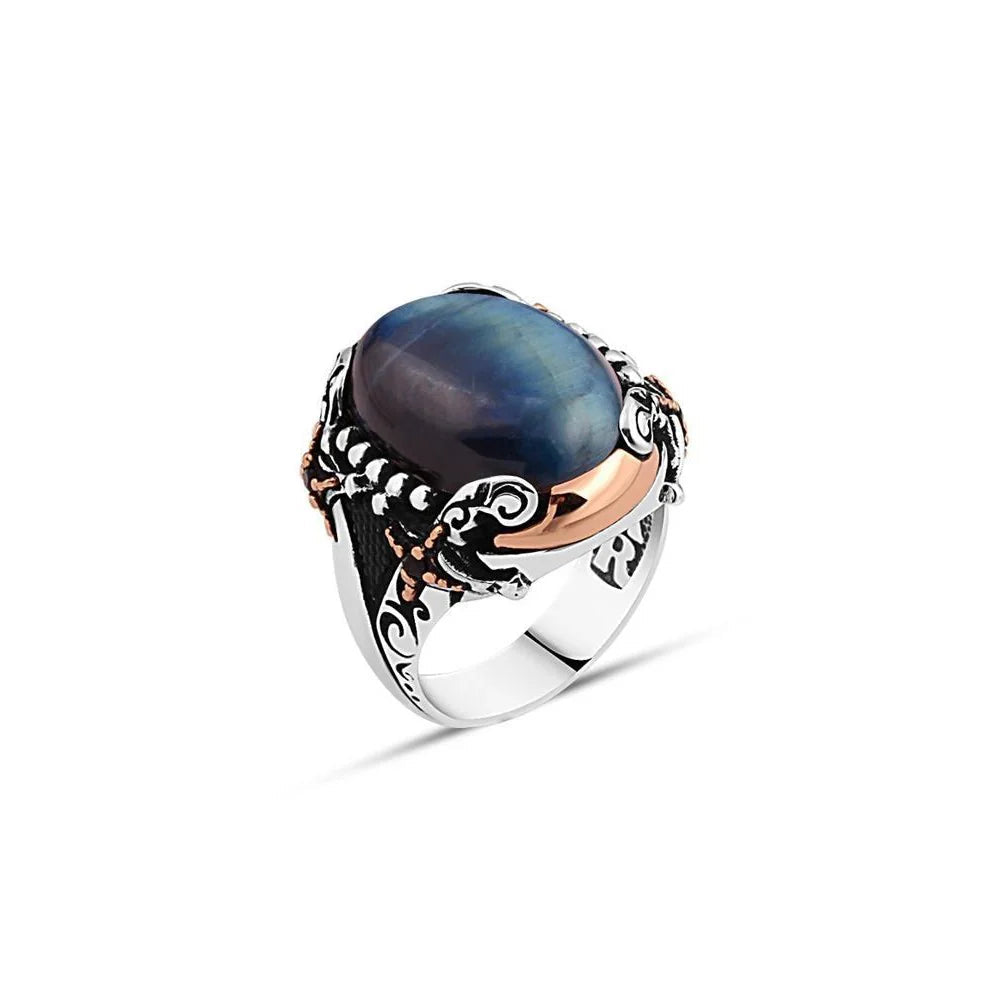 Blue Tiger Eye Stone Men's Ring With Swords On The Sides