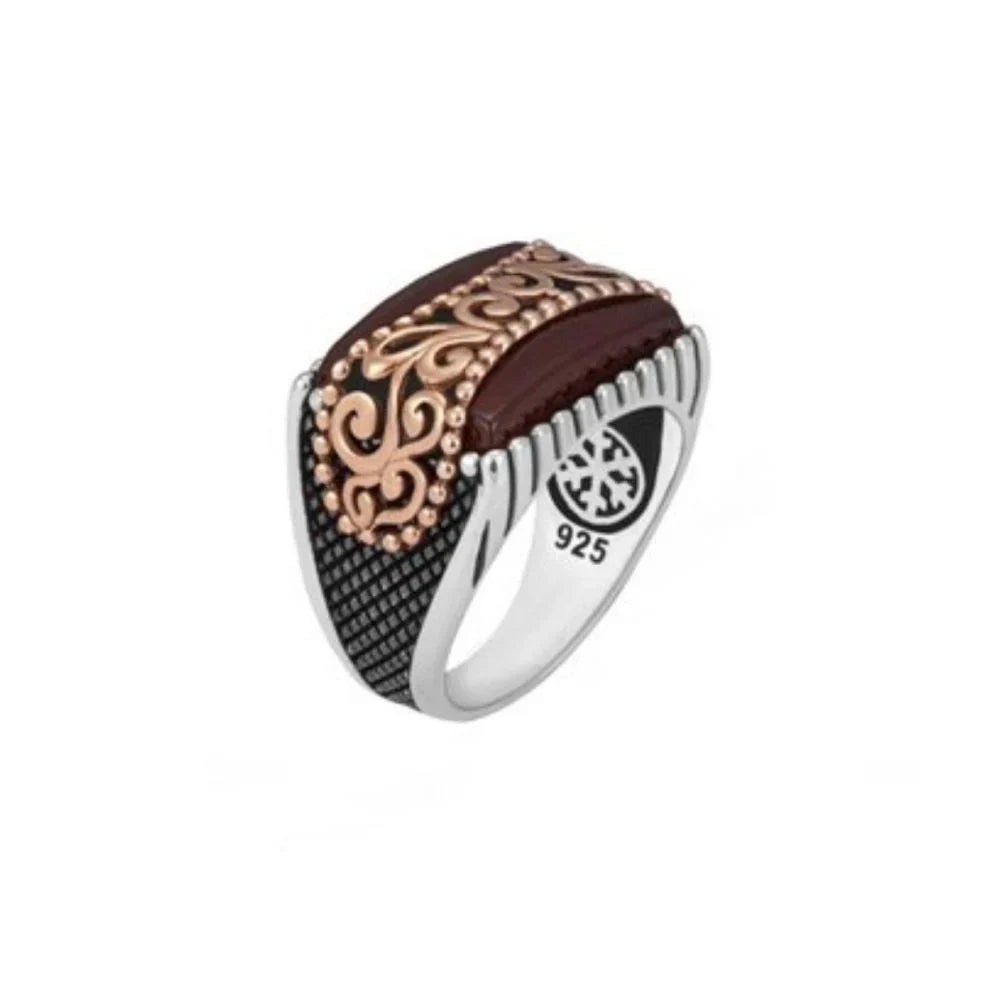 Brown Red Stone Engraved Men's Silver Men's Ring