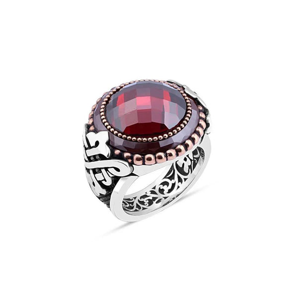 Cut Red Zircon Stone Edge Circle Stone Men's Ring