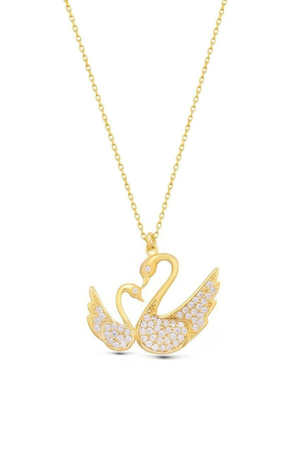 Double 925 Sterling Silver Swan Necklace With Gold Zircon Stone