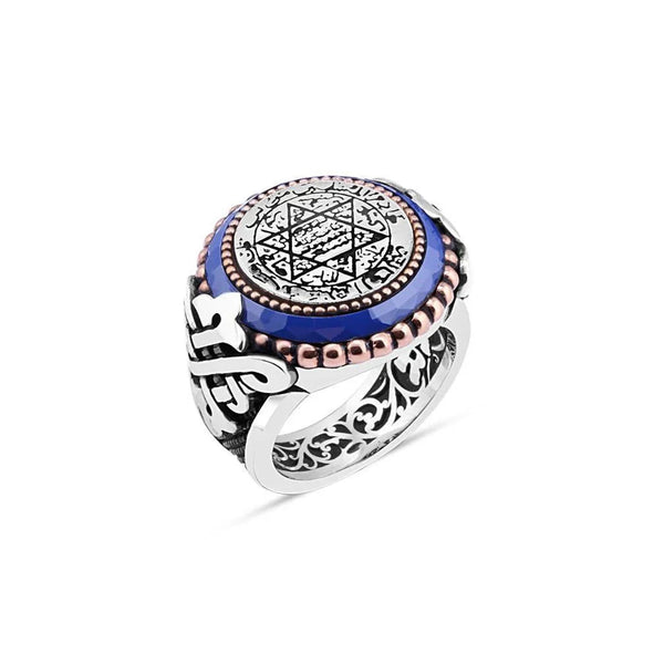 Enamel Solomon'S Seal Men's Ring With Circle Stone