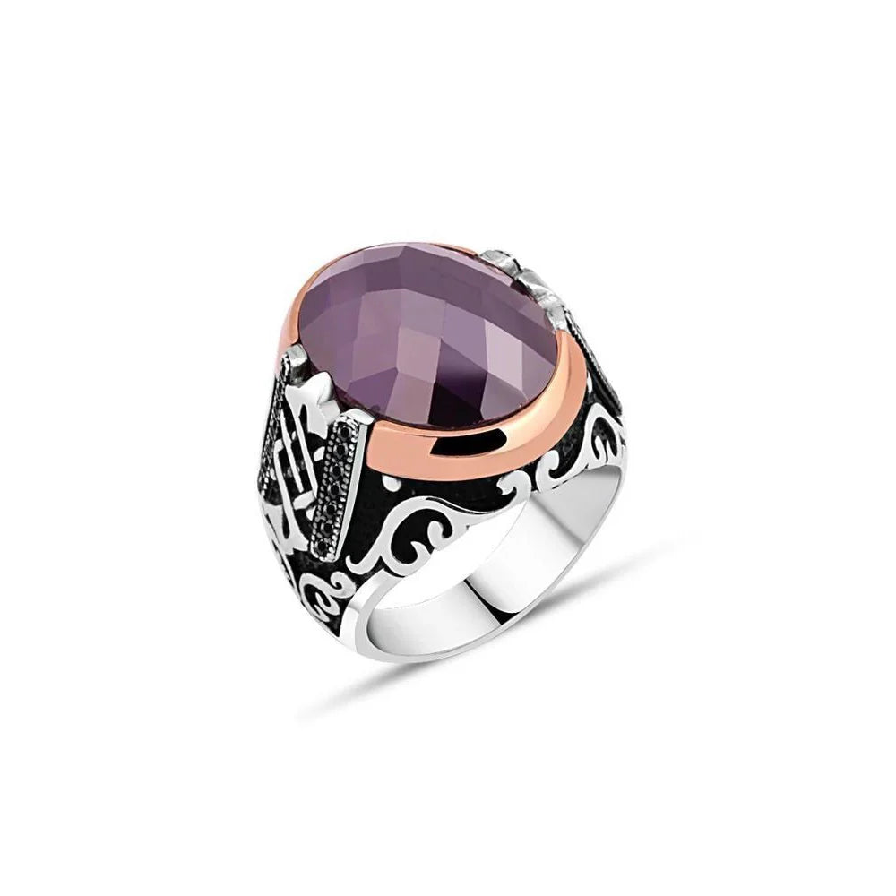 Facet Cut Amethyst Stone Edge Tiny Black Zircon Stone Men's Ring