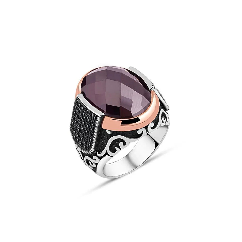 Facet Cut Amethyst Stone Edge Tiny Zircon Stone Men's Ring