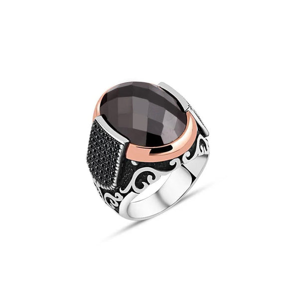 Facet Cut Black Zircon Stone Edge Tiny Zircon Stone Men's Ring