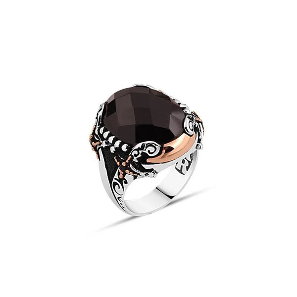 Facet Cut Onyx Stone Edges Sword Men's Ring