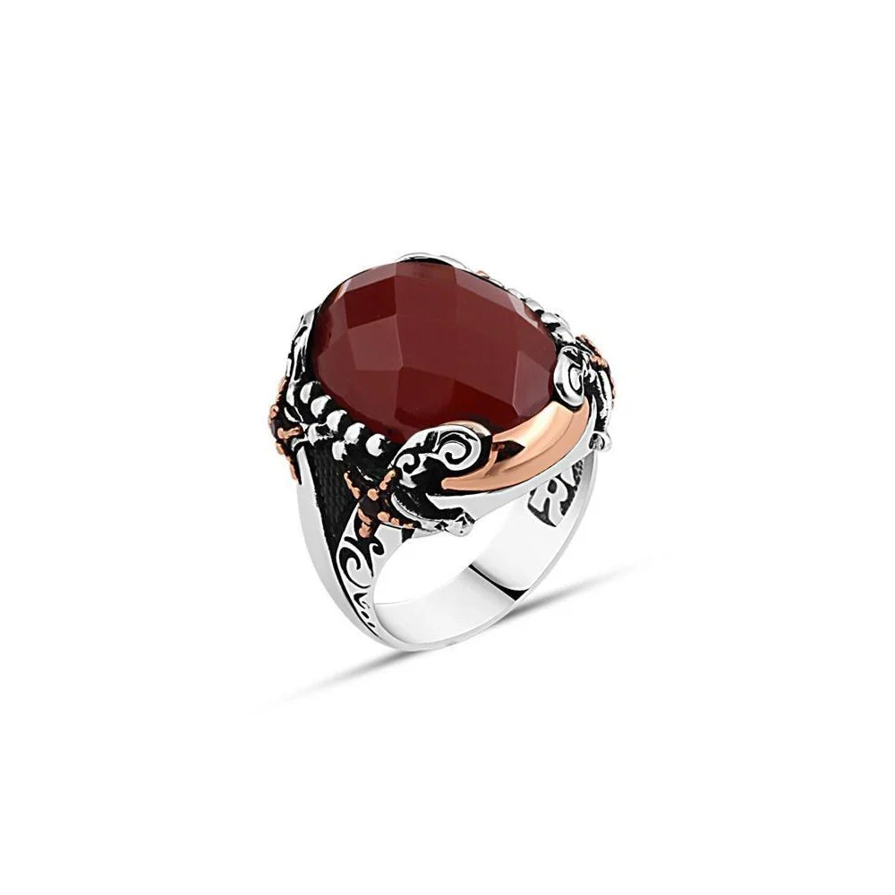 Facet Cut Red Stone Edge Sword Men's Ring