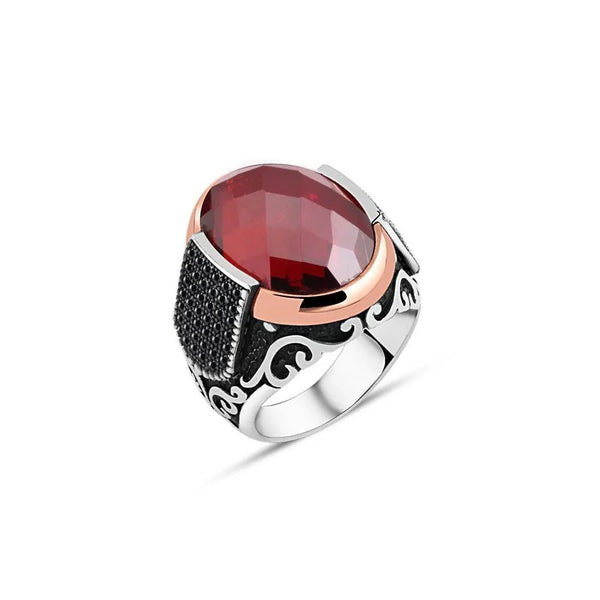 Facet Cut Red Zircon Stone Edge Tiny Zircon Stone Men's Ring