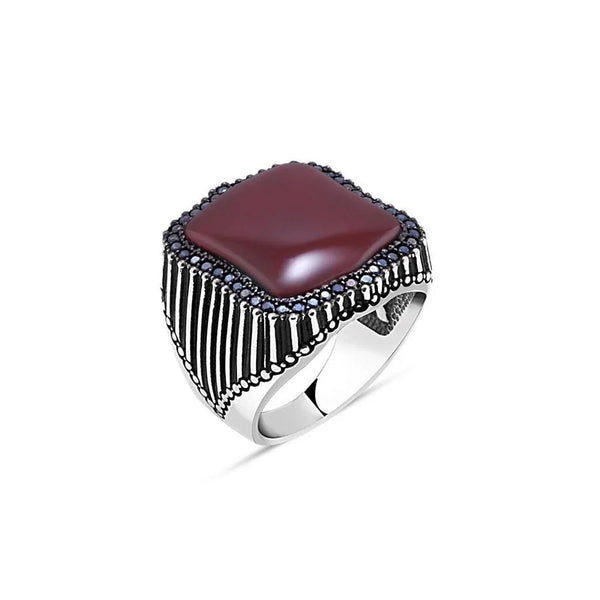 Flat Middle Red Stone Edge Tiny Black Zircon Stone Men's Ring