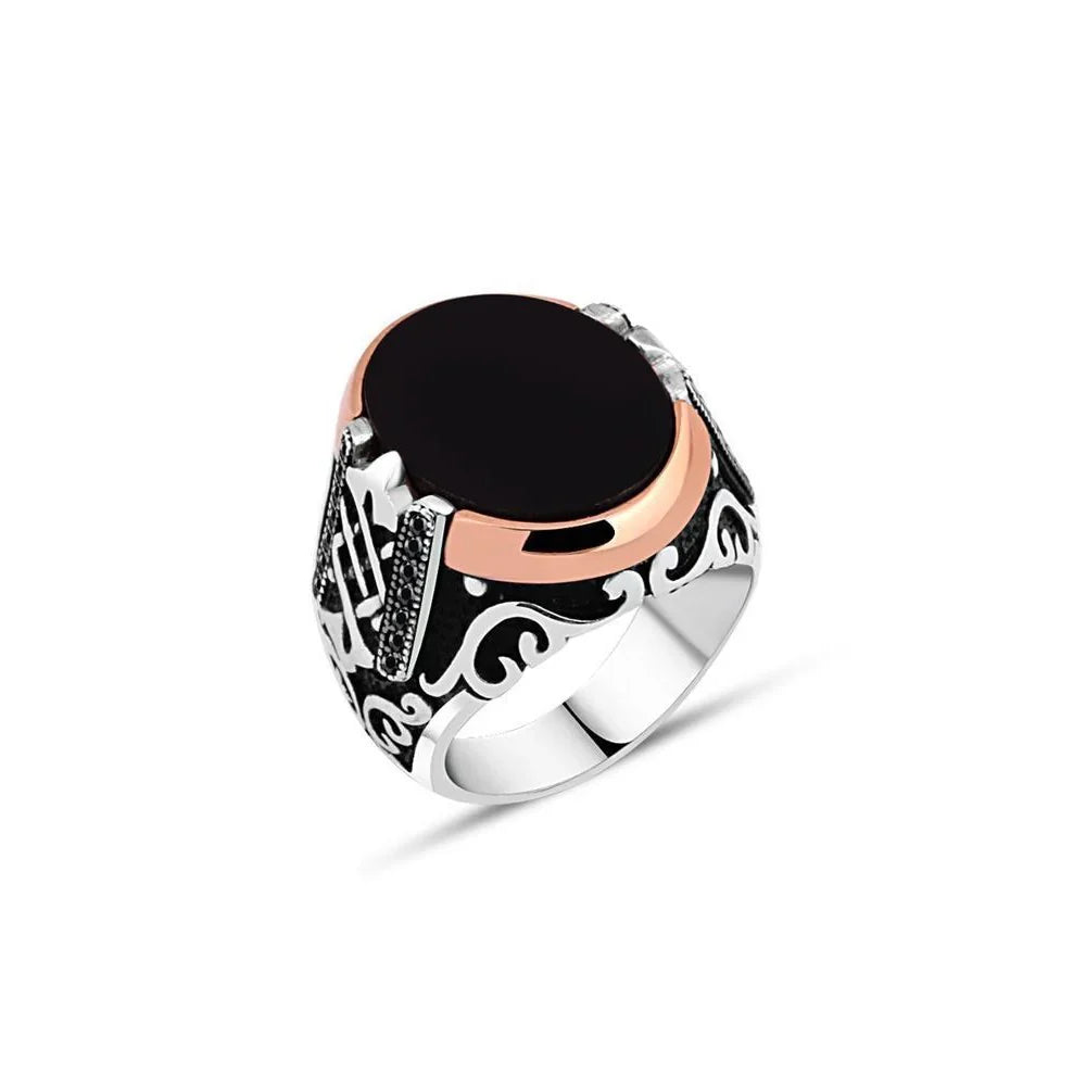 Flat Onyx Stone Edges Tiny Black Zircon Stone Men's Ring