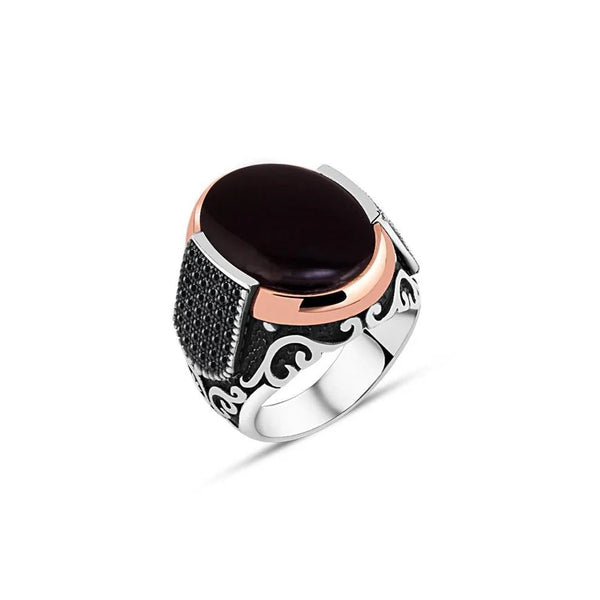 Flat Onyx Stone Edges Tiny Black Zircon Stone Men's Ring