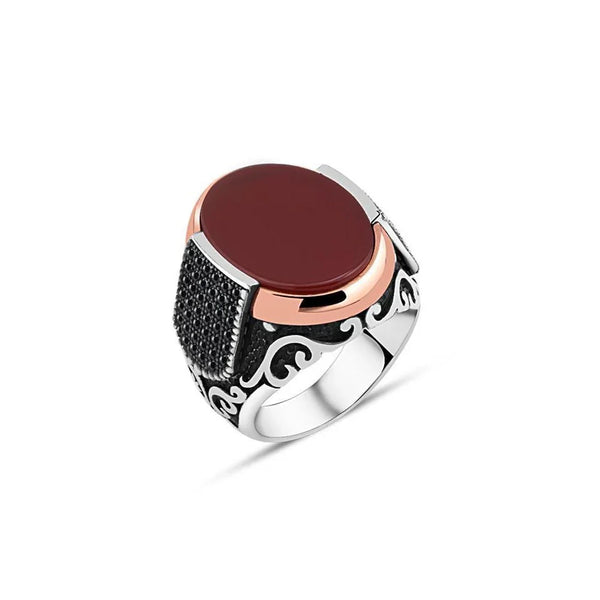 Flat Red Stone Edges Tiny Black Zircon Stone Men's Ring