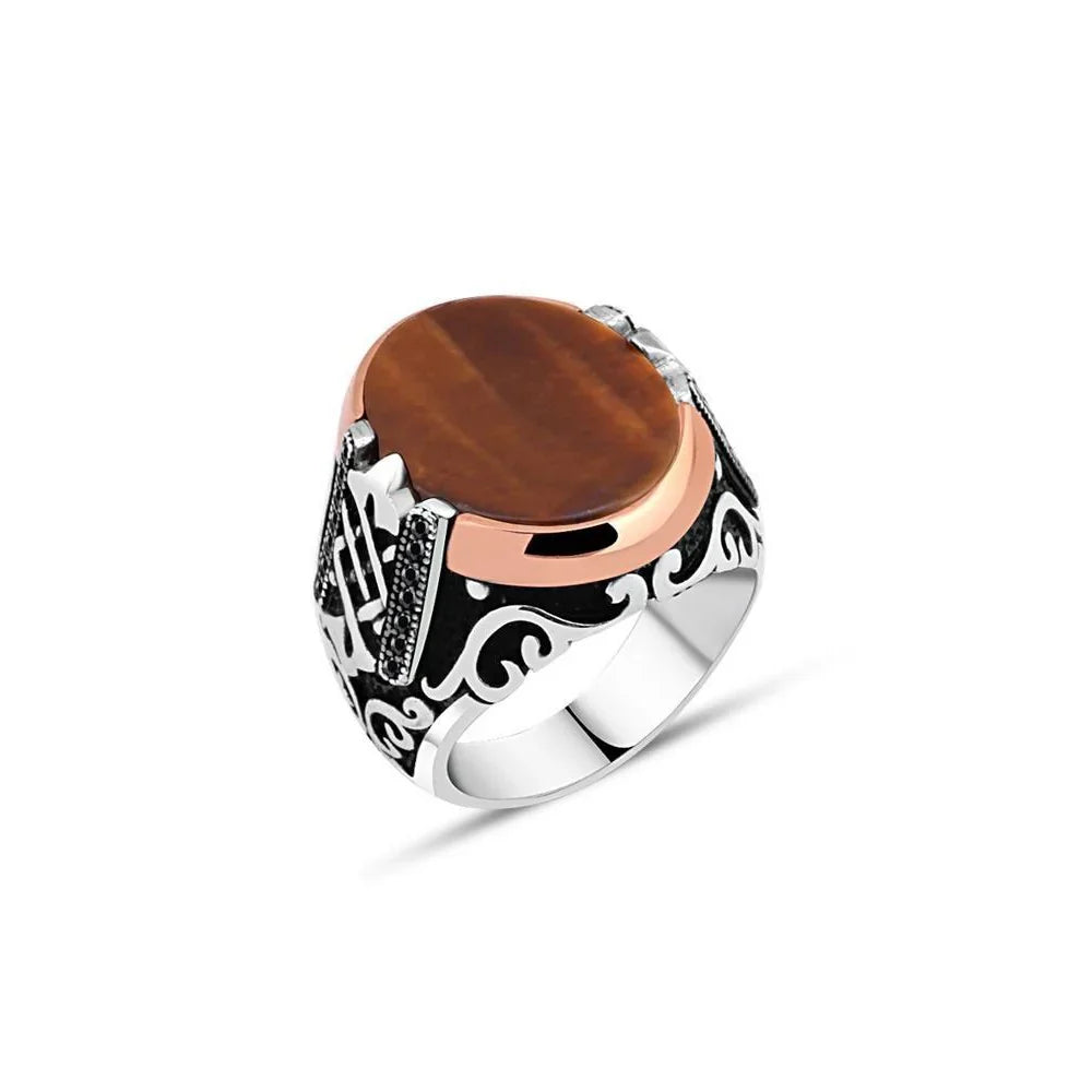 Flat Tiger Eye Edge Tiny Black Zircon Stone Men's Ring