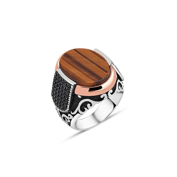 Flat Tiger Eye Edges Tiny Black Zircon Stone Men's Ring