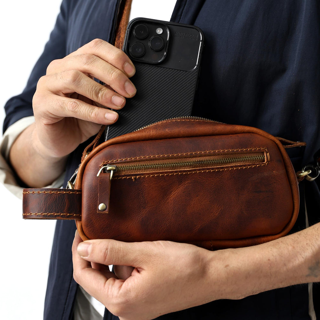 handmade brown genuine leather crossbody handbag for men